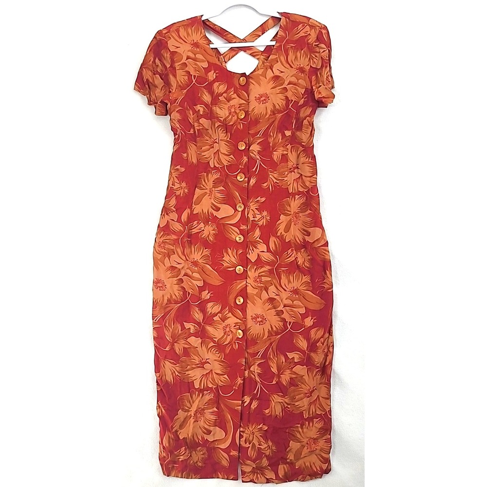 Vintage Studio C Red and Gold Button Up‎ Dress Floral Body Con Midi Length